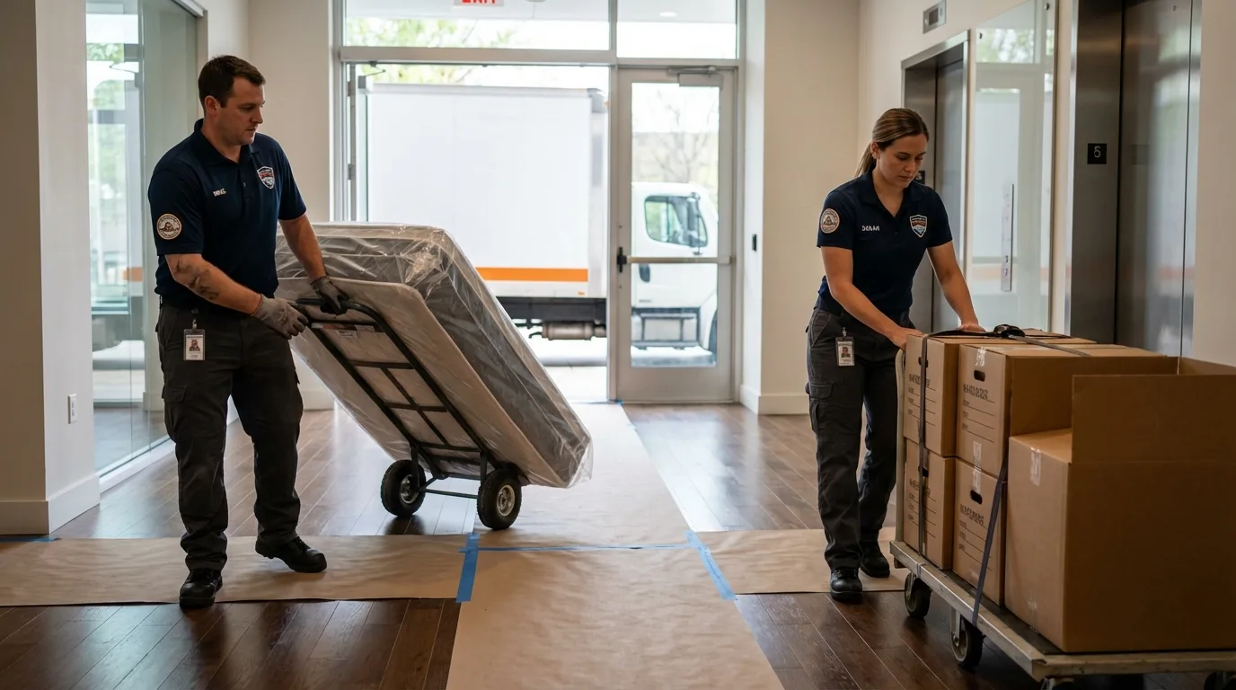 Professional apartment movers loading elevator in Richland, PA